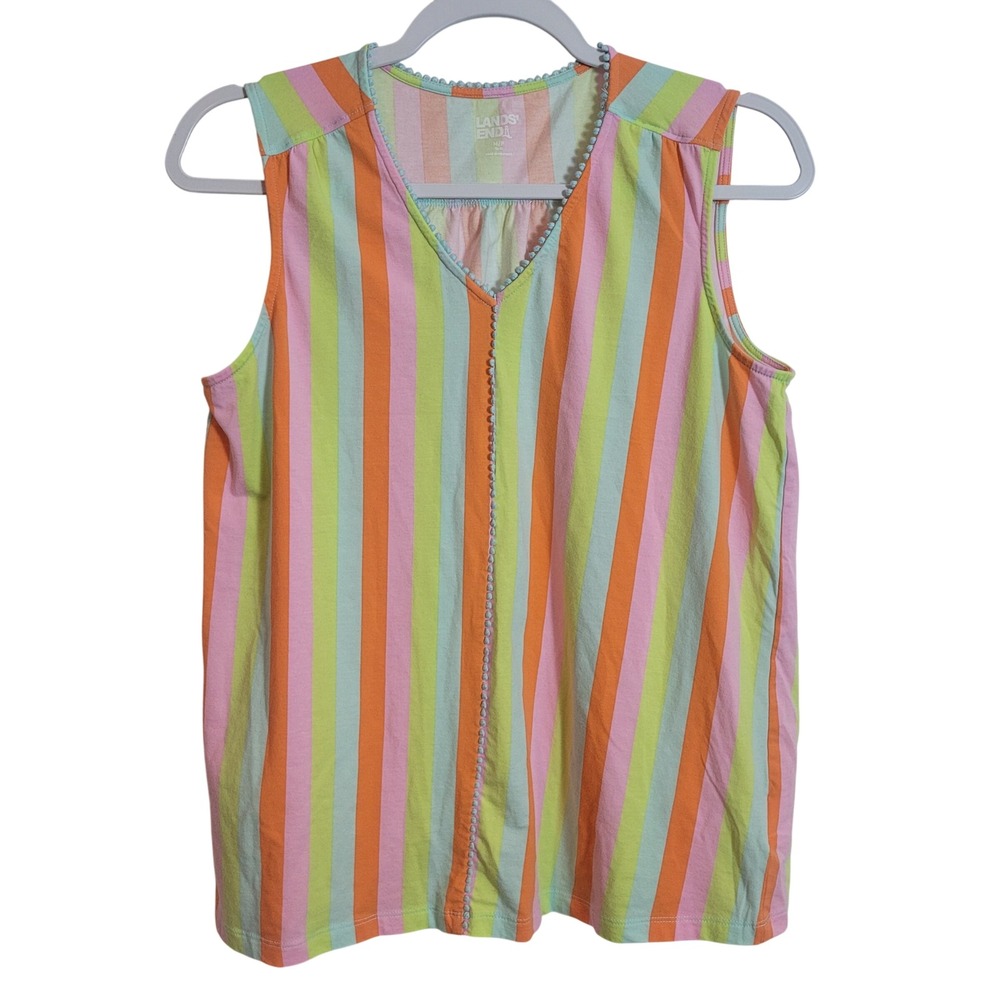 Lands End Womens Sleeveless V-Neck Striped Pom Pom Trim Tank Top Pink Orange M/P